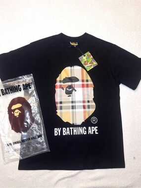 A Bathing Ape Black Tee with Plaid Ape Logo